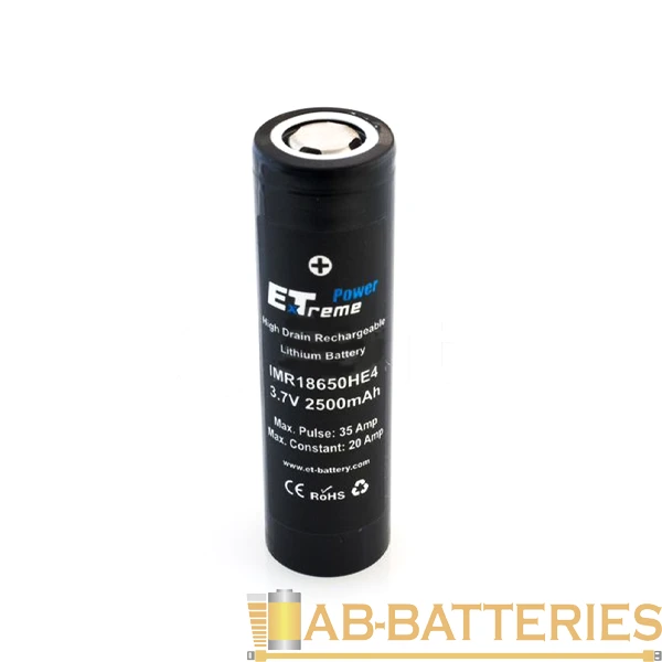 Аккумулятор ET IMR18650HE4 PK2 высокая токоотдача, 20/35А, 18.0*65.0, 2500mAh, Li-Ion (1/100/200)