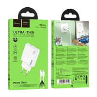 Сетевое З/У HOCO C142A 1USB+1Type-C 20W PD,QC с кабелем Type-C-Lightning белый (1/19/190) 