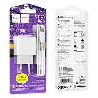 Сетевое З/У HOCO CS12A 1USB 3.0A 18W QC3.0 с кабелем microUSB белый (1/28/168) 