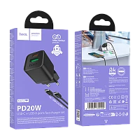 Сетевое З/У HOCO N65 1USB+1Type-C 20W PD,QC с кабелем Type-C/Type-C черный (1/13/130) 