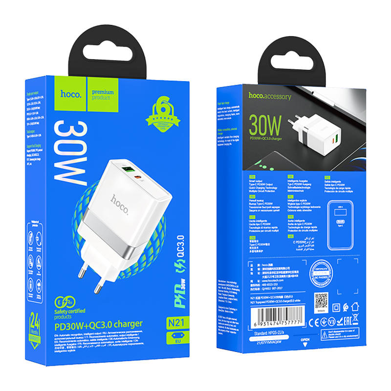 Сетевое З/У HOCO N21 1USB/Type-C 3.0A 30W PD3.0 белый (1/12/120)