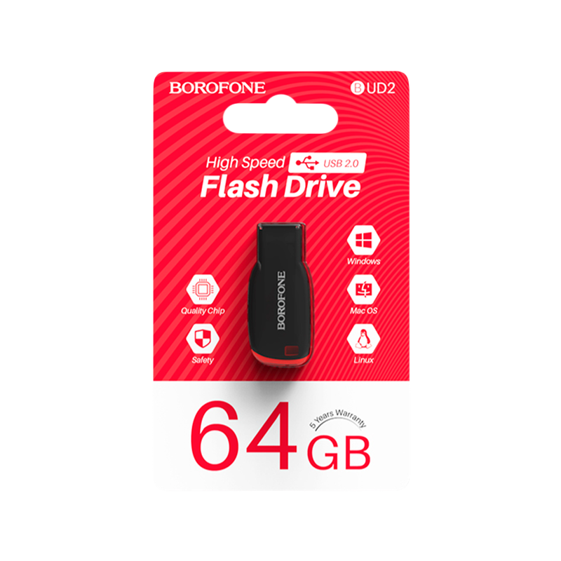 Флеш-накопитель Borofone Generous BUD2 64GB USB2.0 пластик черный красный (1/35/280)