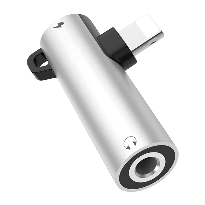 Переходник AUX HOCO LS21 Jack 3.5mm (f)-Lightning (m)/Lightning (f) пластик серебряный (1/30/300)
