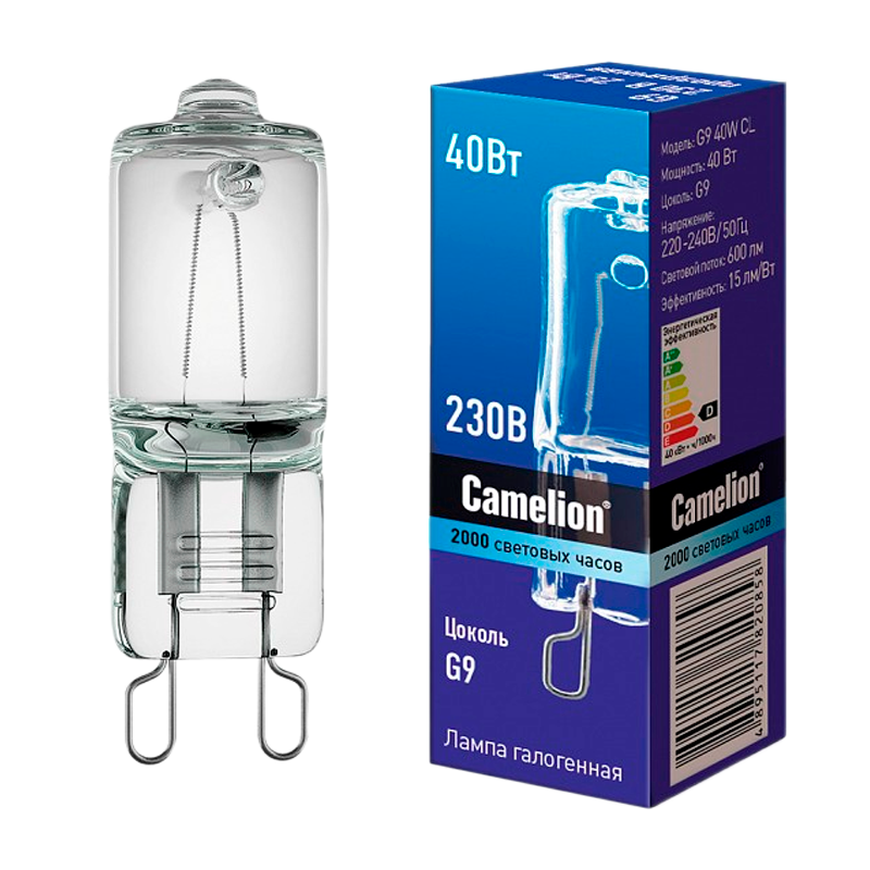 Лампа галогенная Camelion G9 40W 2800К 220-240V капсула прозрачная (1/5/100)