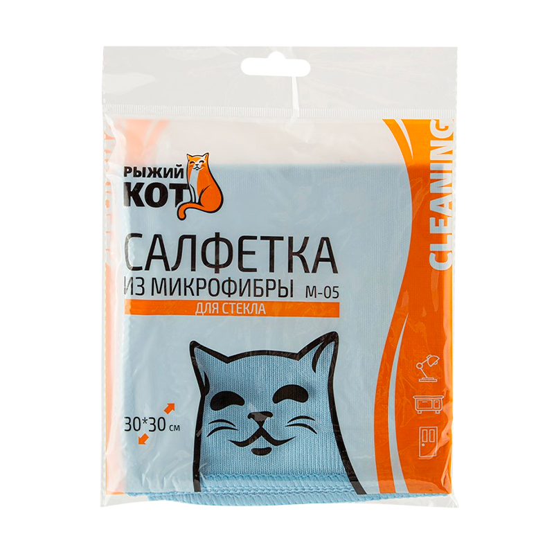 Салфетка Рыжий кот M-05 30х30см микрофибра для стекла голубой (1/40/200)