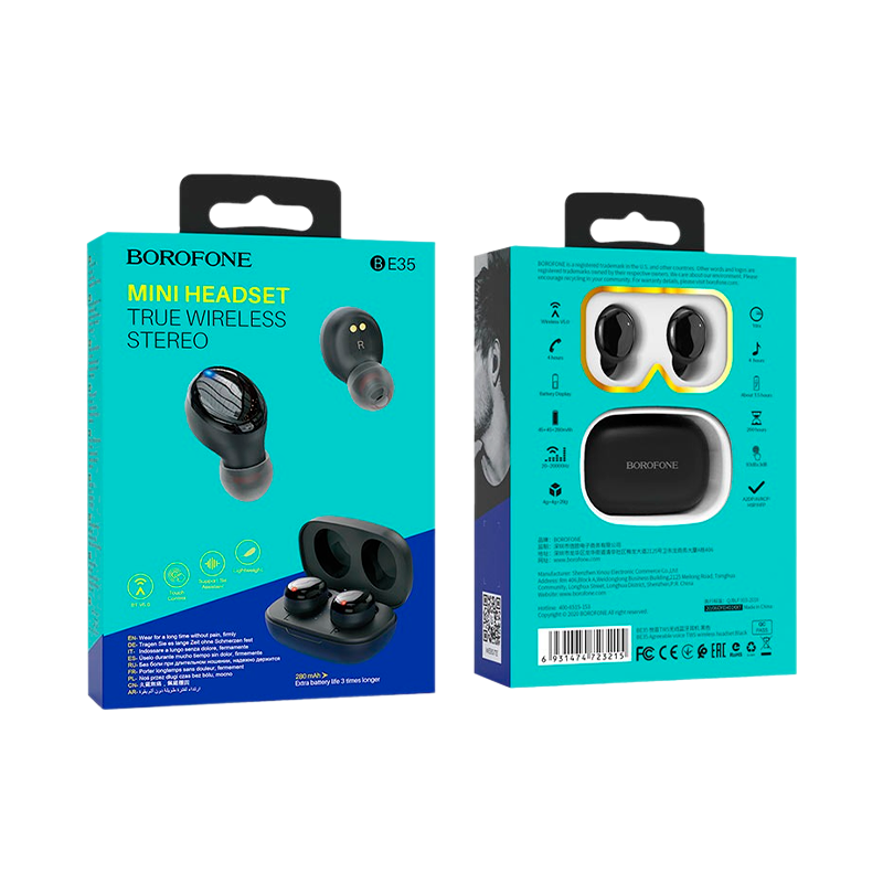Наушники внутриканальные Borofone BE35 bluetooth 5.0 с микр. черный (1/30/120)