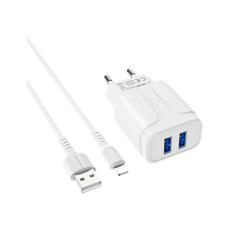 Сетевое З/У Borofone BA37A 2USB 2.4A с кабелем Lightning белый (1/28/112)