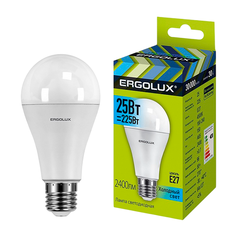 Лампа светодиодная Ergolux A65 E27 25W 4000К 172-265V груша ЛОН (1/10/100)