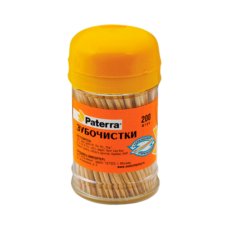 Зубочистки деревянные Paterra 200 шт. в пластиковой баночке 4шт в спайке (цена за 1 шт.) (4/240)