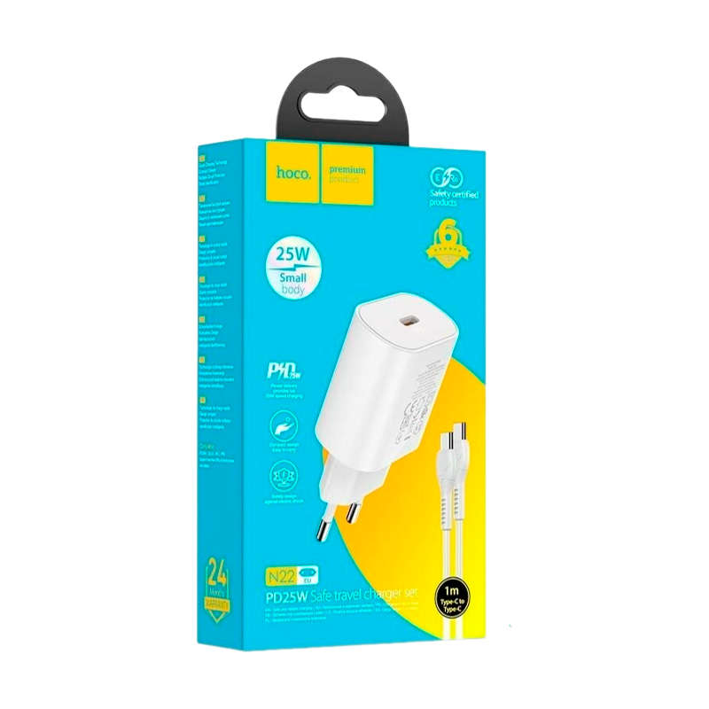 Сетевое З/У HOCO N22 Type-C 3.0A 25W PD3.0 с кабелем Lightning/Type-C белый (1/12/120)
