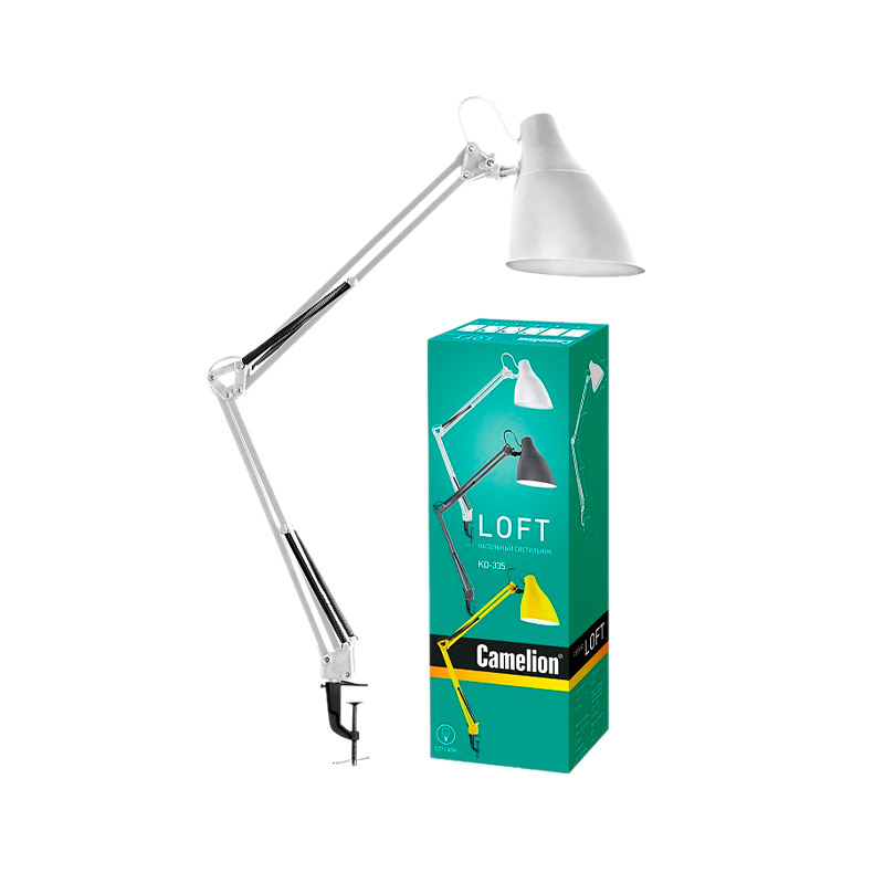 Светильник настольный Camelion KD-335 40W 230V E27 струбцина белый (1/12)