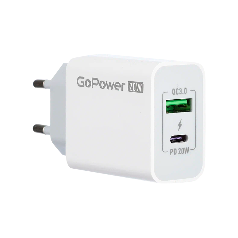 *Сетевое З/У GoPower GPQC08 1USB+1Type-C 20W QC3.0 белый