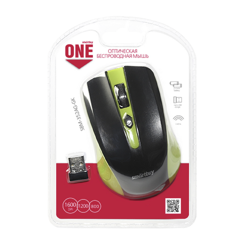 Мышь беспроводная Smartbuy 352AG ONE классическая USB зеленый черный (1/60)