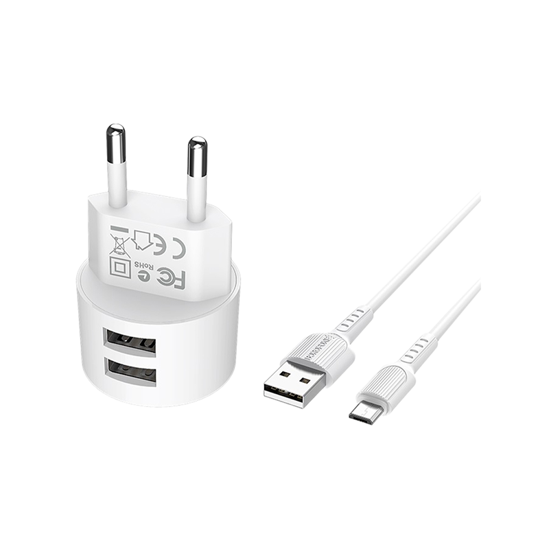 Сетевое З/У Borofone BA23A 2USB 2.4A с кабелем microUSB белый (1/36/144)