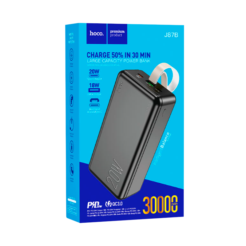 Внешний аккумулятор HOCO J87B 30000mAh 3.0A 20W 1USB/Type-C PD3.0 черный (1/20)