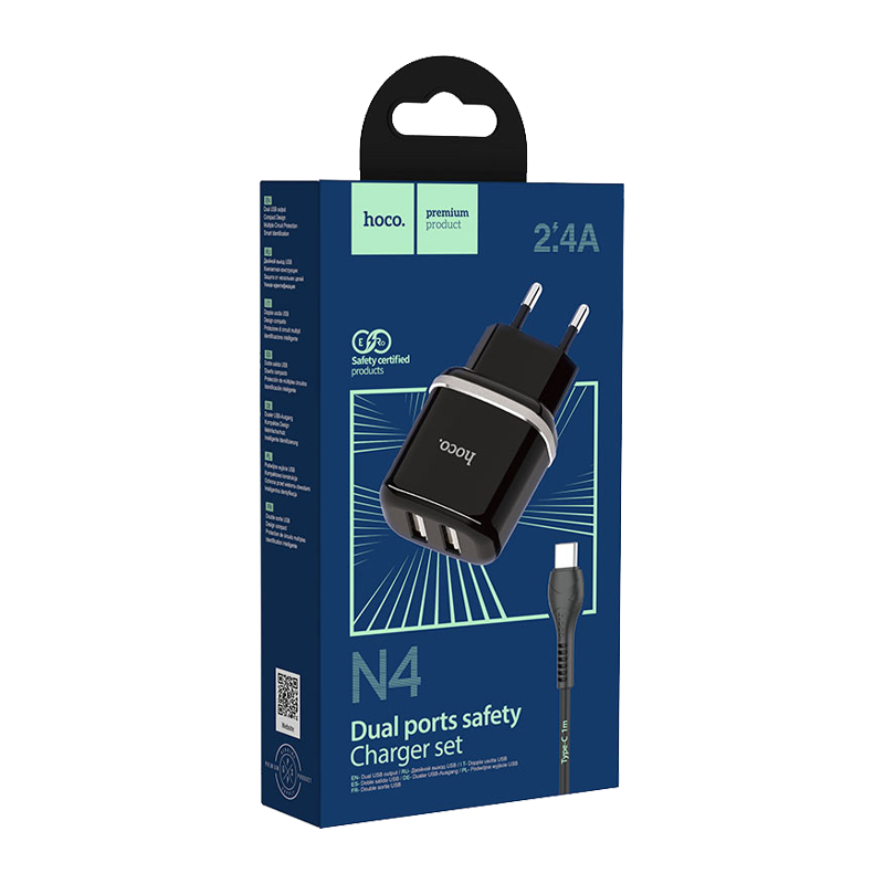 Сетевое З/У HOCO N4 2USB 2.4A с кабелем Type-C черный (1/12/120)
