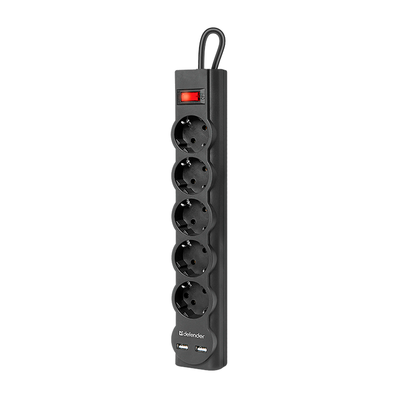 Сетевой фильтр Defender DFS 751 5р.С/З 10A 2USB 220 Дж 1.8м черный (1/30)