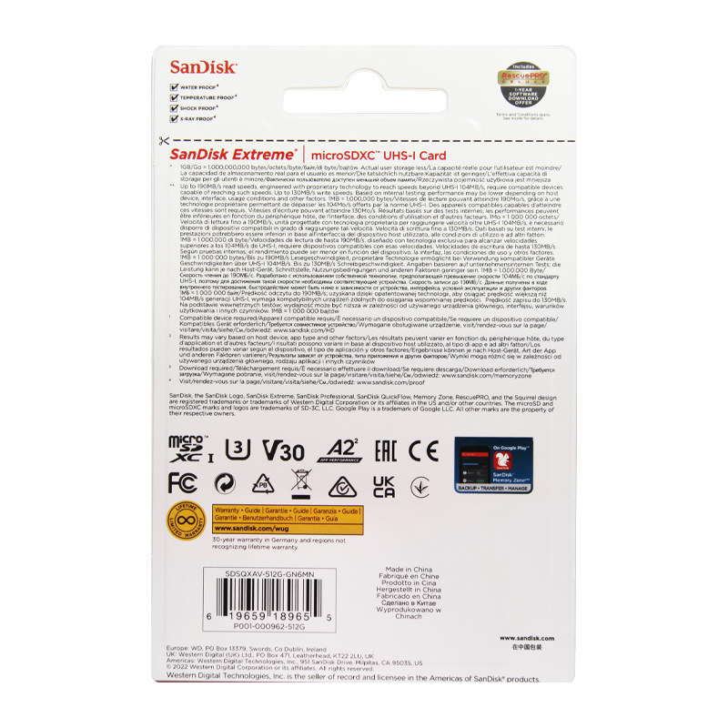 Карта памяти microSD SanDisk EXTREME 512GB Class10 A2 V30 UHS-I (U3) 160 МБ/сек CN (Китай) без адапт