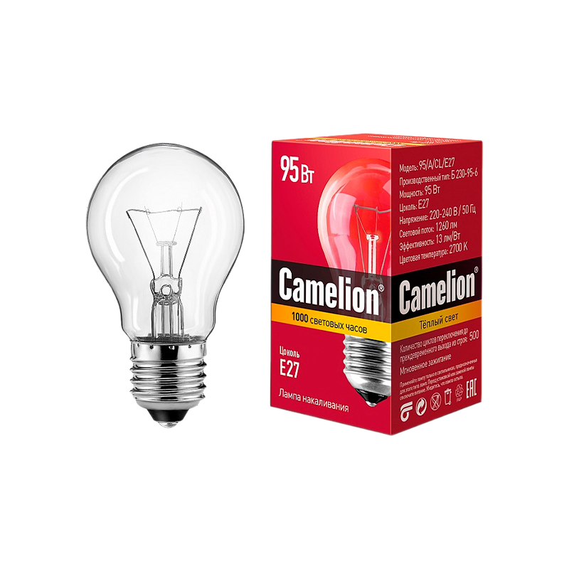 Лампа накаливания Camelion E27 95W 220V груша прозрачная (1/100)