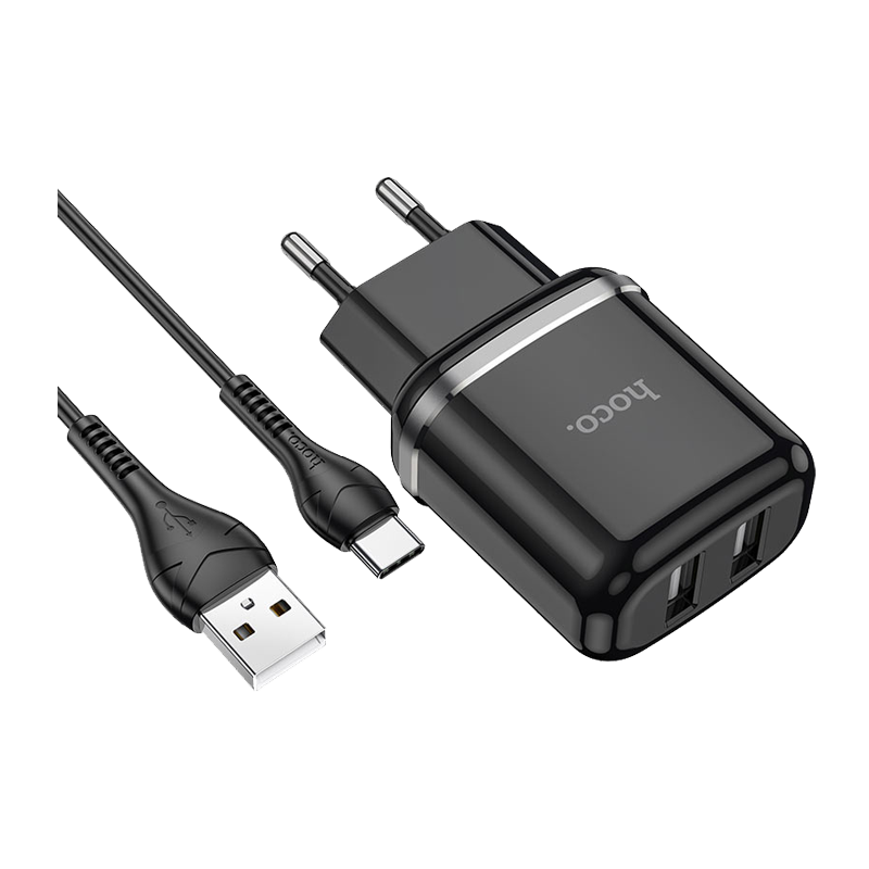 Сетевое З/У HOCO N4 2USB 2.4A с кабелем Type-C черный (1/12/120)