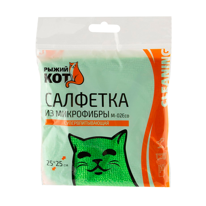 Салфетка Рыжий кот М-02Есо 25х25см микрофибра зеленый (1/40/200)
