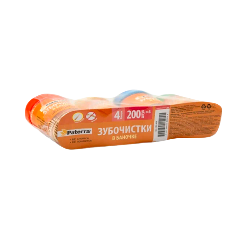 Зубочистки деревянные Paterra 200 шт. в пластиковой баночке 4шт в спайке (цена за 1 шт.) (4/240)