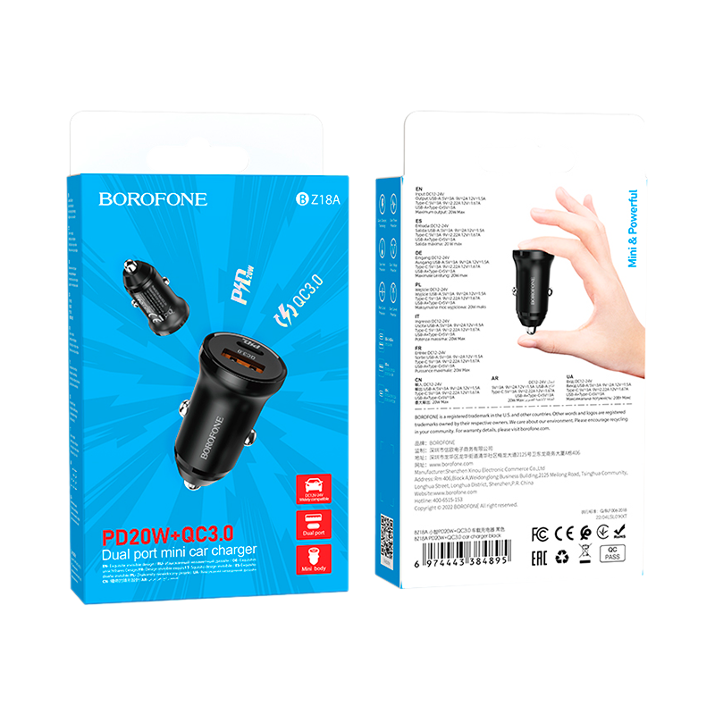 Автомобильное З/У Borofone BZ18A 1USB/Type-C 20W QC3.0 черный (1/48/192)