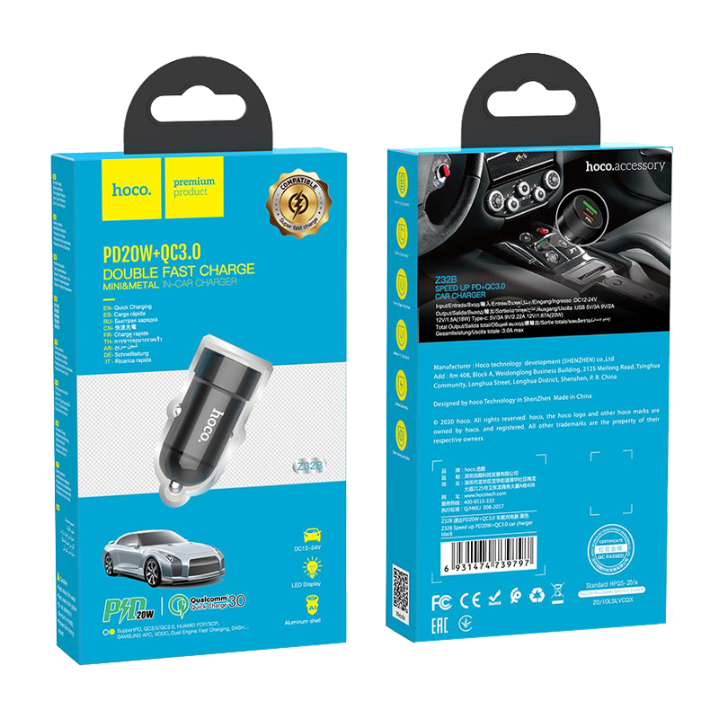 Автомобильное З/У HOCO Z32B 1USB/Type-C 4.0A 20W QC3.0 черный (1/14/140)