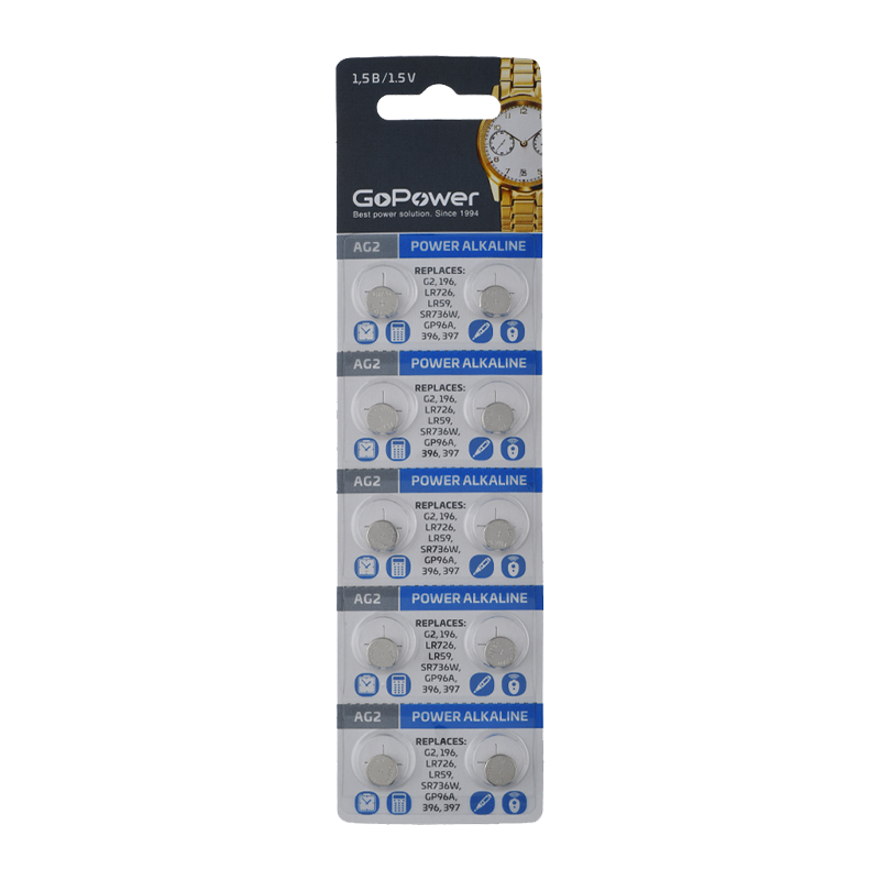 Батарейка GoPower G2/LR726/LR59/396A/196 BL10 Alkaline 1.55V (10/100/1000/3600)