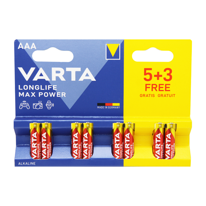 Батарейка Varta LONGLIFE MAX POWER (MAX TECH) LR03 AAA BL5+3 Alkaline 1.5V (4703) (8/160)