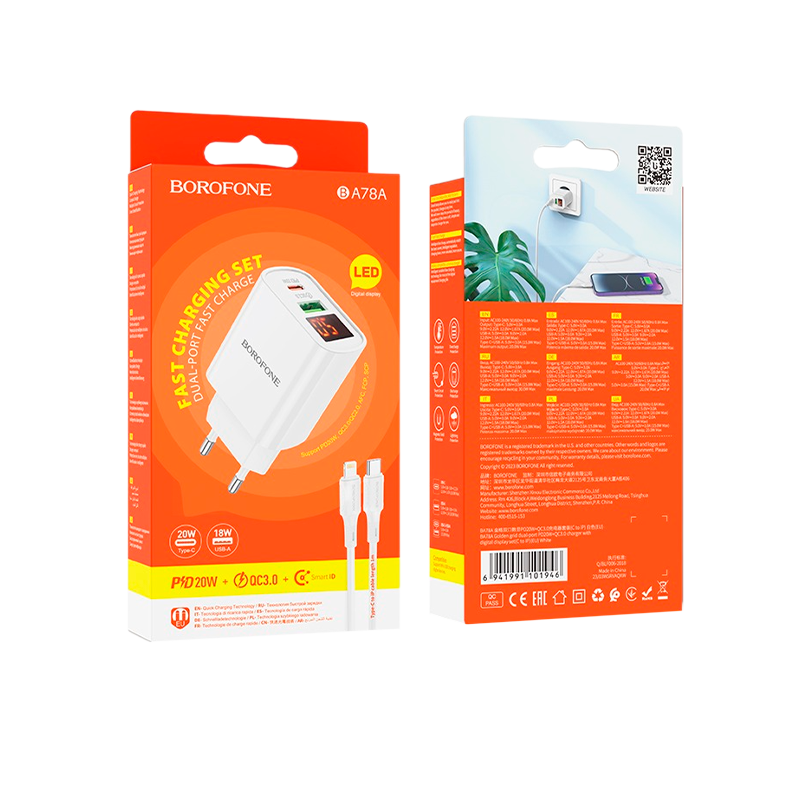 Сетевое З/У Borofone BA78A 1USB/Type-C 3.0A 20W QC3.0 дисплей белый (1/35/140)