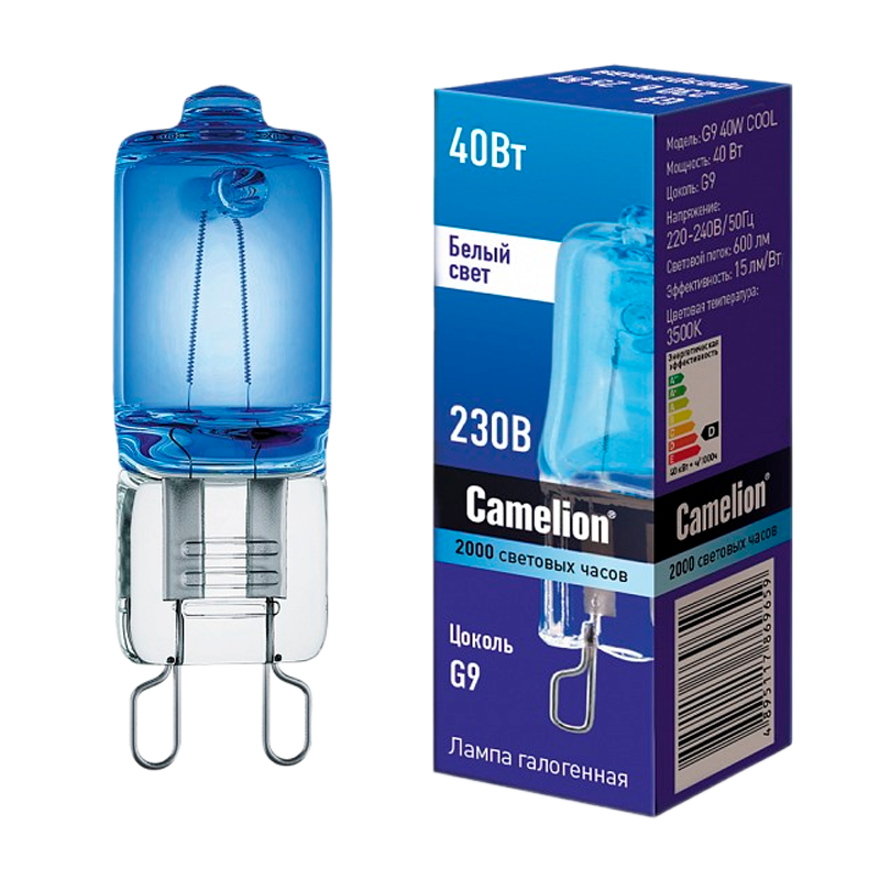 Лампа галогенная Camelion G9 40W 3500К 220-240V капсула прозрачная (1/5/100)