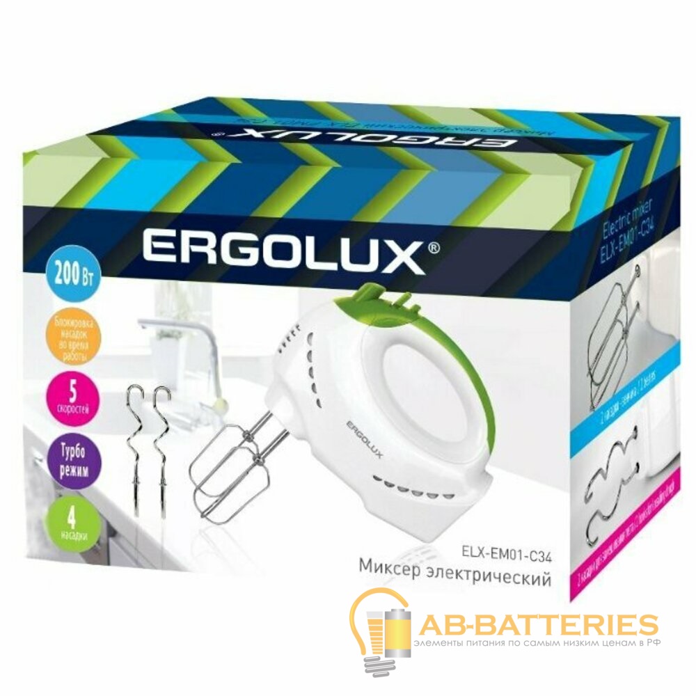 Миксер универсальный Ergolux ELX-EM01-C34 200W 5 скоростей белый зеленый