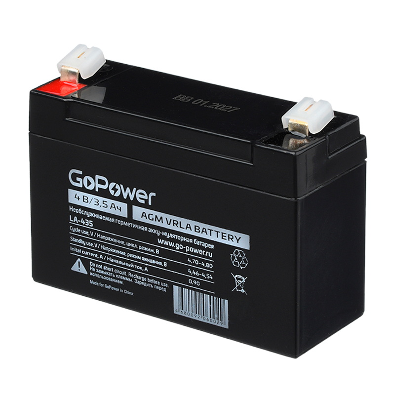 Аккумулятор свинцово-кислотный GoPower LA-435 4V 3.5Ah клеммы T1/ F1 (1/9/20)