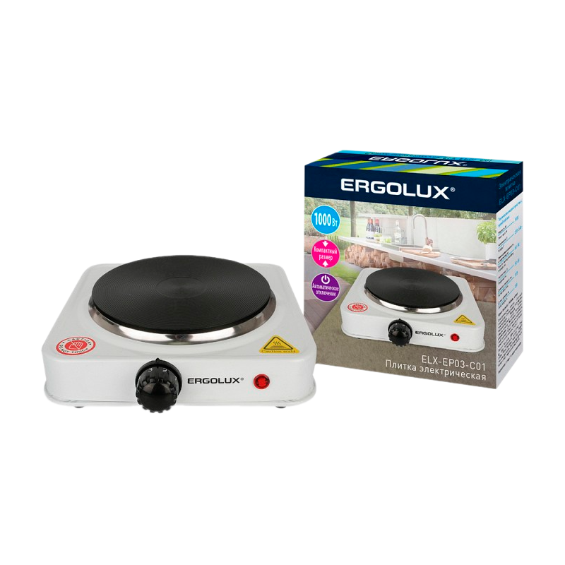 Электроплитка Ergolux ELX-EP03-C01 1 конф., дисковый нагр.эл.1000Вт, 220-240В белая (1/12)