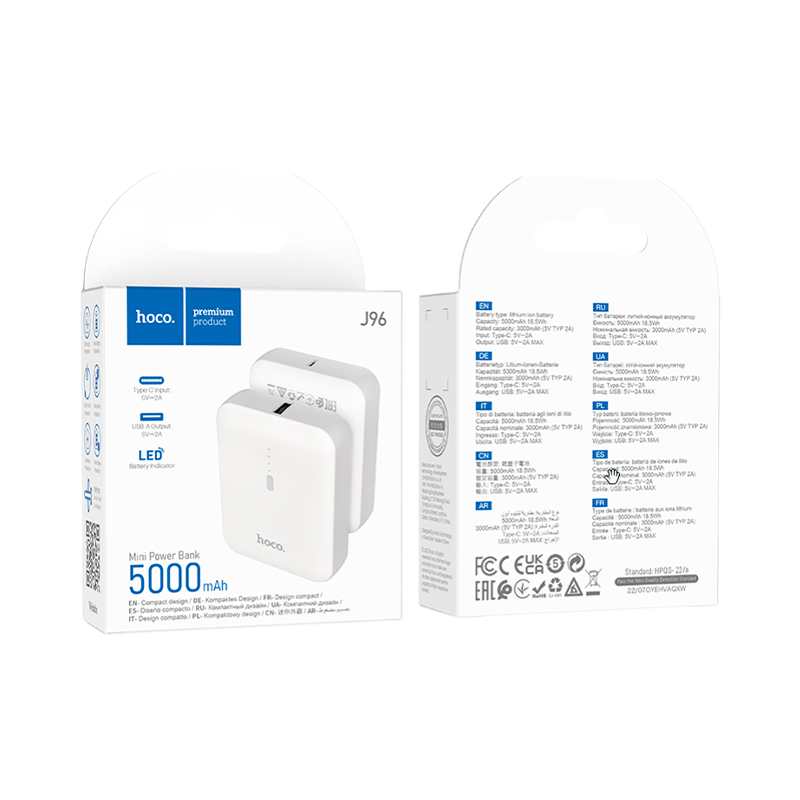 Внешний аккумулятор HOCO J96 5000mAh 2.0A 1USB/Type-C белый (1/111)
