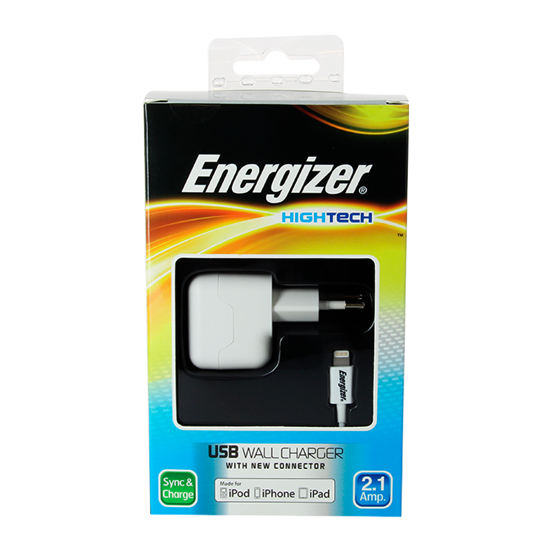 Сетевое З/У Energizer Hightech 1USB 2.1A с кабелем Lightning белый