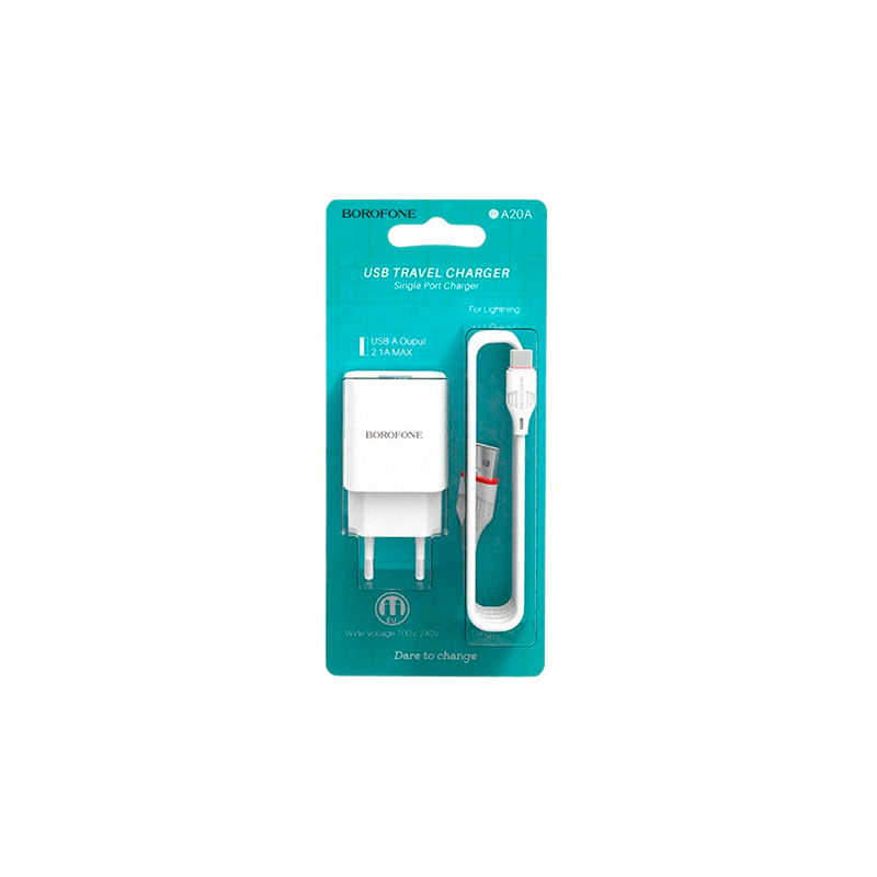 Сетевое З/У Borofone BA20A 1USB 2.1A с кабелем Lightning белый (1/48/192)