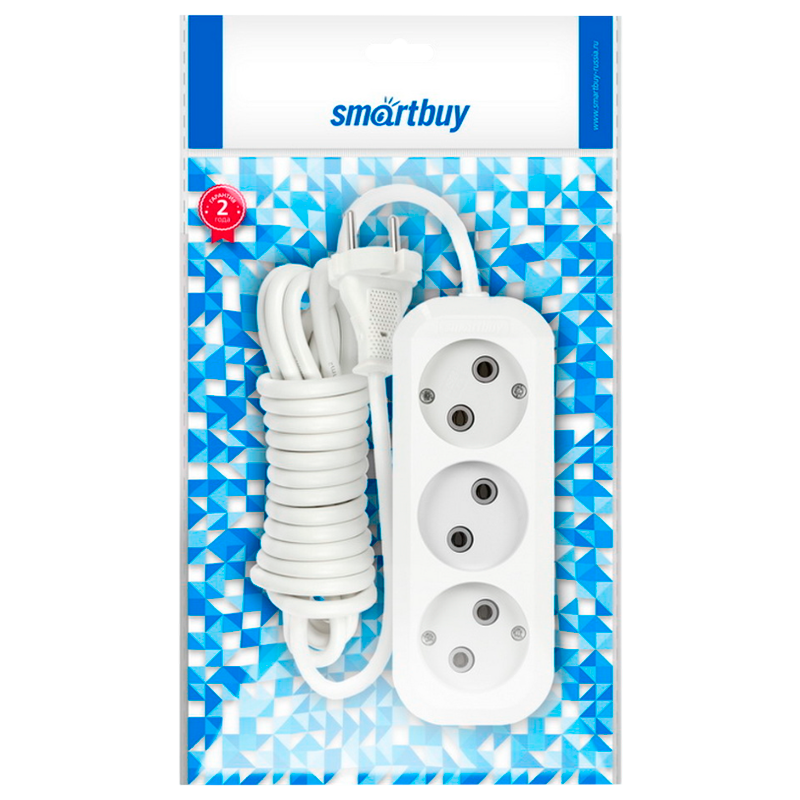 Удлинитель Smartbuy 3р.Б/З 10A 2.0м ПВС 2x1мм² белый (1/50)