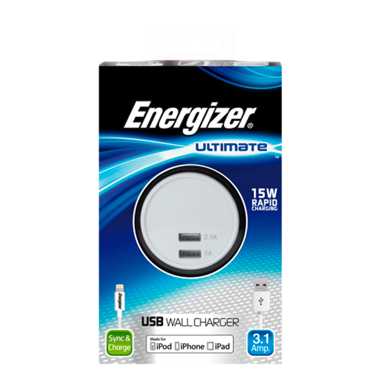 Сетевое З/У Energizer Ultimate 2USB 3.1A с кабелем Lightning белый