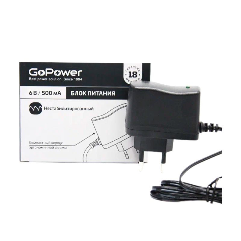 Блок питания GoPower 500mA 6V 5,5x2,5/12мм нестабилизированный положительная полярность (1/150)