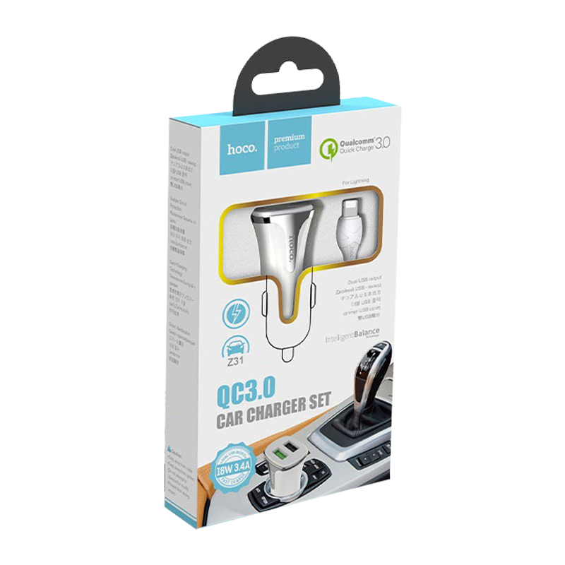 Автомобильное З/У HOCO Z31 2USB 3.4A QC3.0 с кабелем Lightning белый (1/14/140)