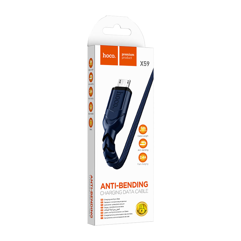 Кабель HOCO X59 USB (m)-microUSB (m) 1.0м 2.4A нейлон синий (1/30/300)