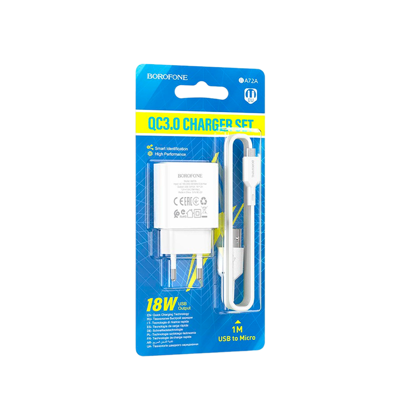 Сетевое З/У Borofone BA72A 1USB 18W QC3.0 с кабелем Type-C белый (1/60/240)