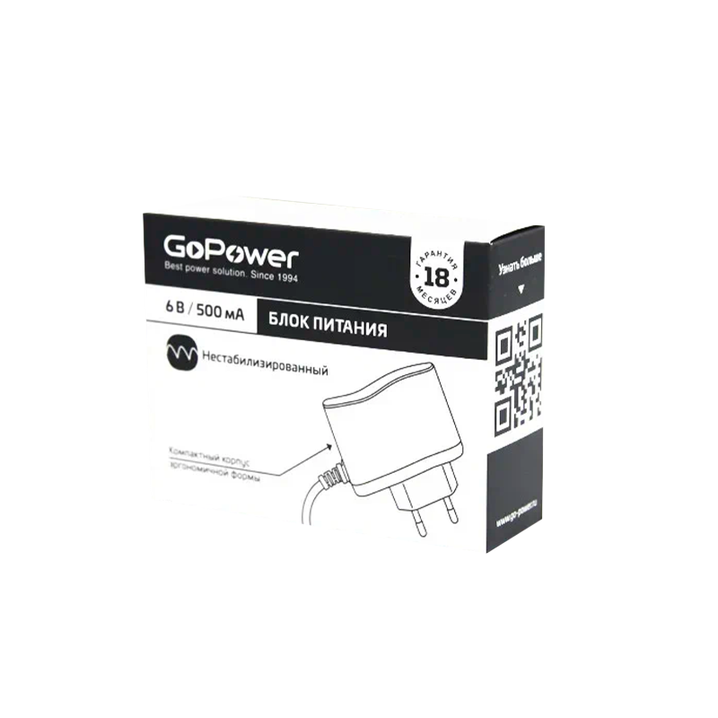 Блок питания GoPower 500mA 6V 5,5x2,5/12мм нестабилизированный положительная полярность (1/150)
