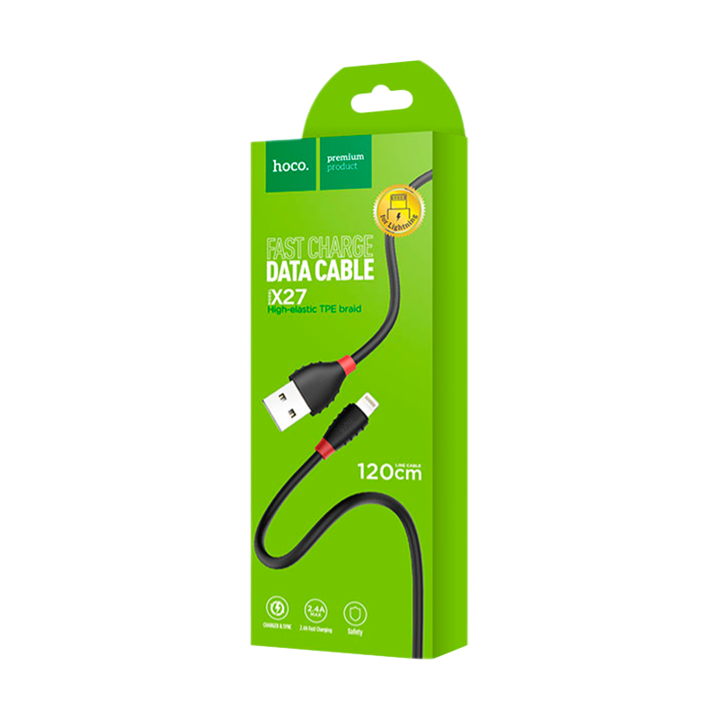 Кабель HOCO X27 USB (m)-Lightning (m) 1.2м 2.4A TPE черный (1/30/300)