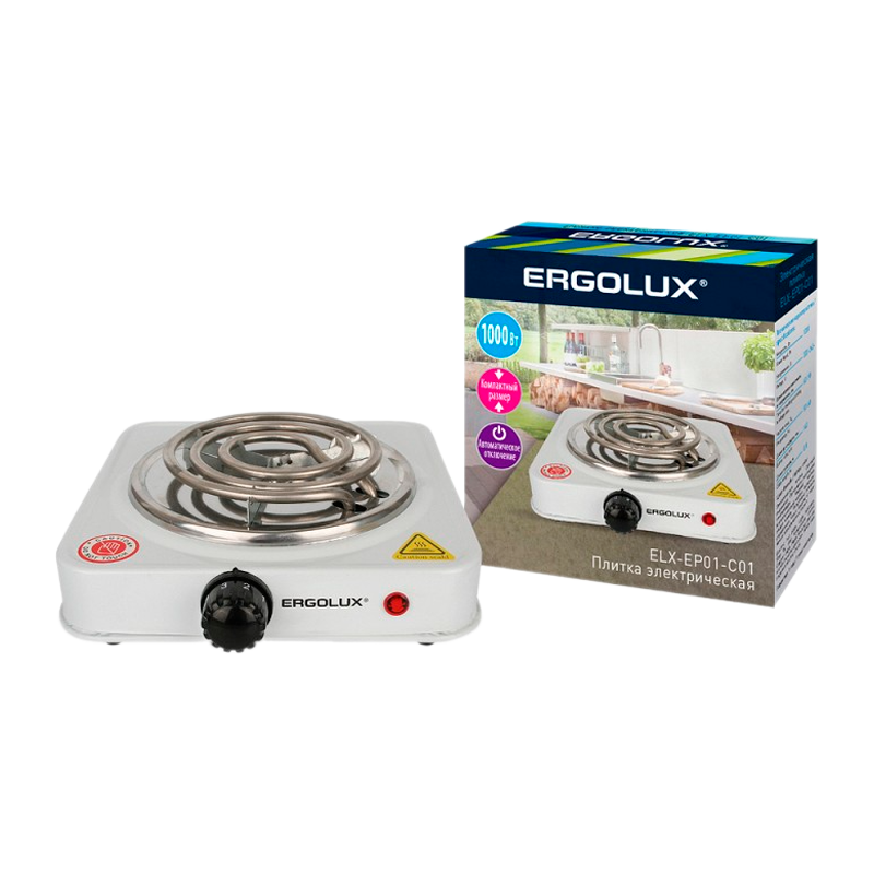 Электроплитка Ergolux ELX-EP01-C01 1 конф., спиральный нагр.эл.1000Вт, 220-240В белая (1/12)