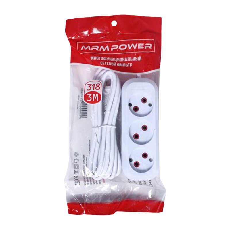 Удлинитель MRM-Power M-318 3р.Б/З 10A 3.0м белый (1/48)