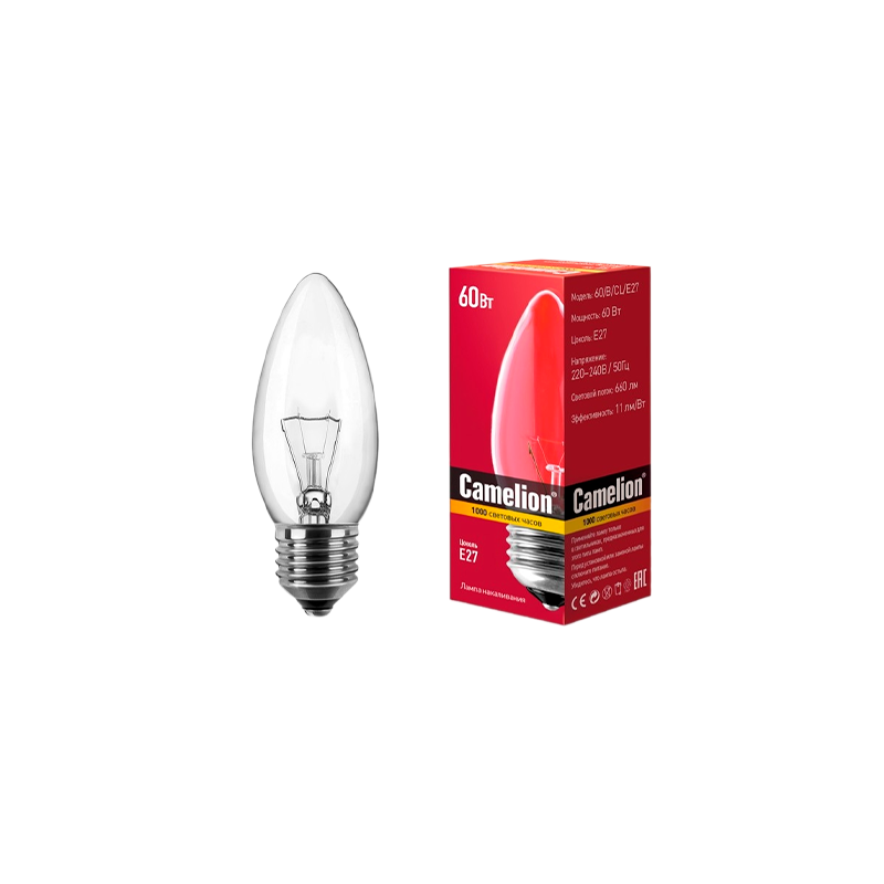 Лампа накаливания Camelion E27 60W 220V свеча матовая (1/100)