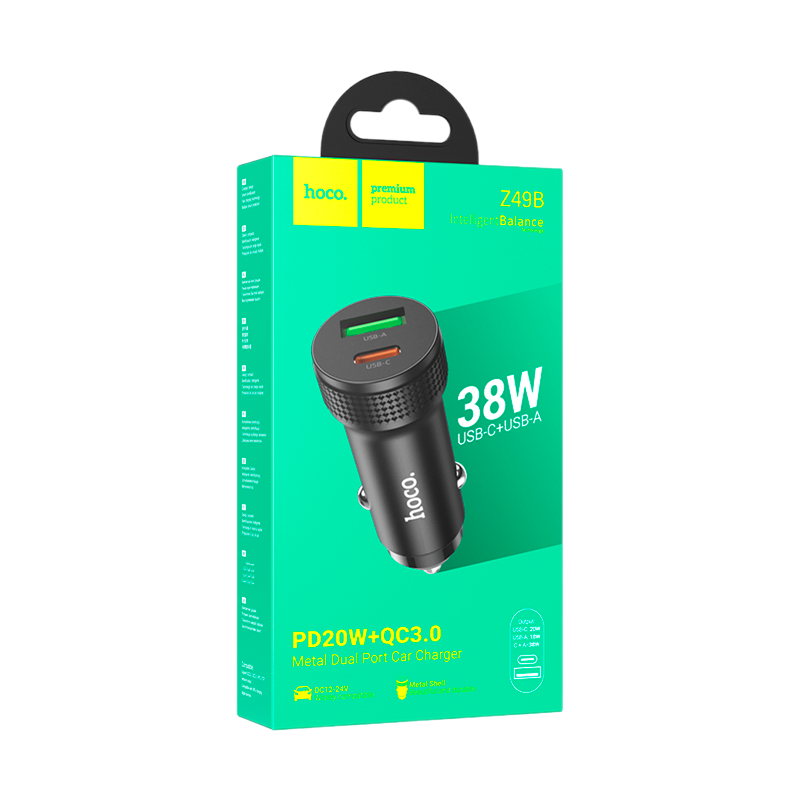 Автомобильное З/У HOCO Z49B 1USB/Type-C 3.0A 38W QC3.0 черный (1/13/130)